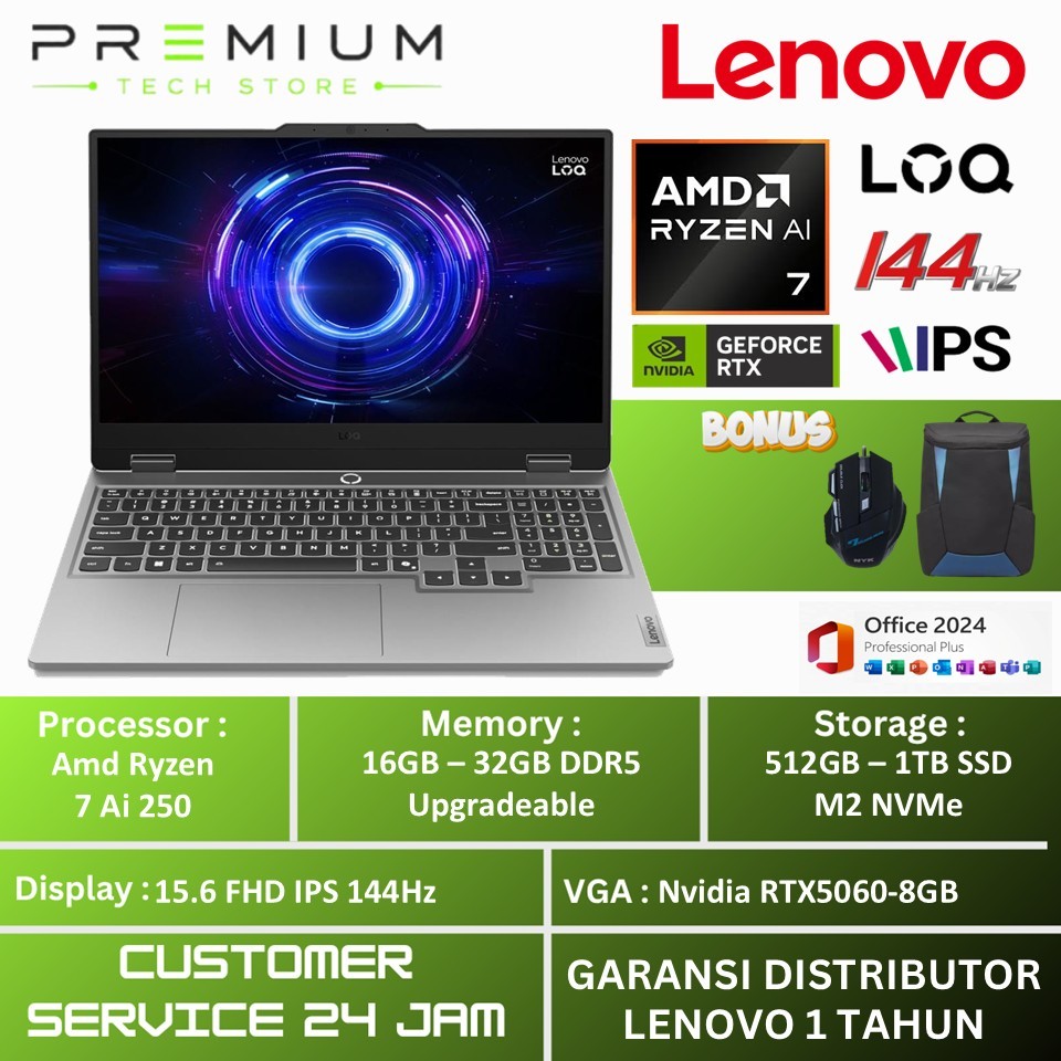 Jual Laptop Gaming Lenovo LOQ 15 RTX 5060 AMD Ryzen 7 250 ram 32GB DDR5 ssd 2TB Full HD IPS Windows 11 | Shopee Indonesia