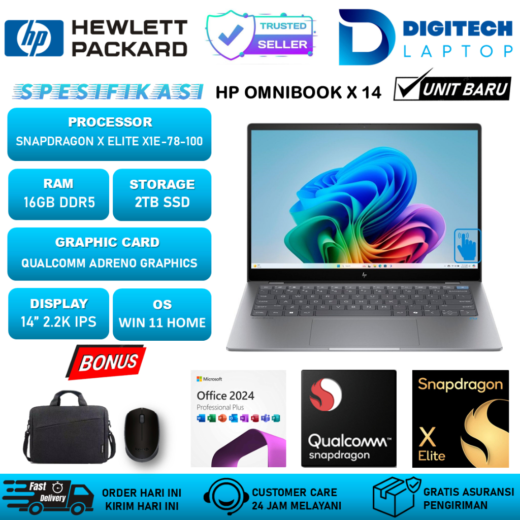 Jual Laptop HP Omnibook X 14 Snapdragon X Elite X1E-78-100 16GB DDR5 2TB SSD 2.2K IPS Touch Windows 11 | Shopee Indonesia