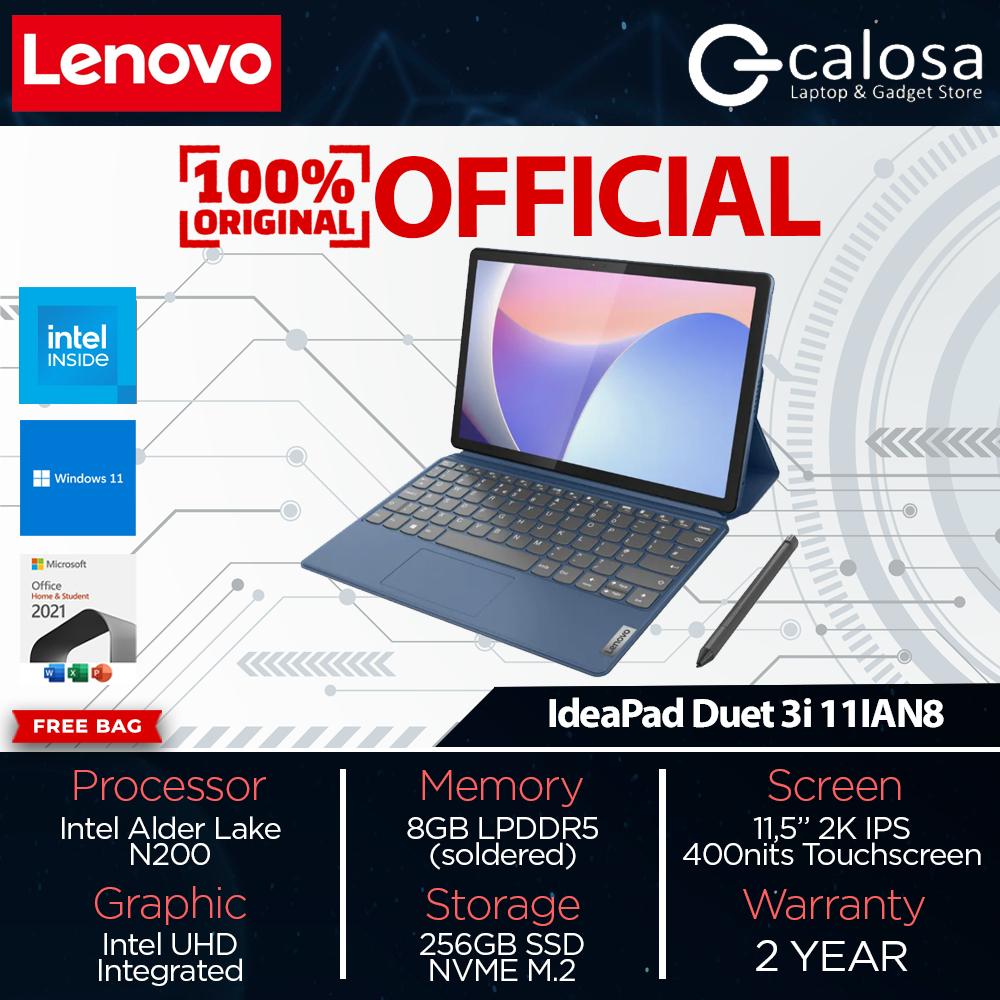 Jual Laptop 2 in 1 Lenovo IdeaPad Duet 3i 11IAN8 (82XK002XID) Intel Alder Lake N200 Memory RAM 8GB Storage 256GB Layar 2K IPS Touchscreen W11 OHS | Shopee Indonesia