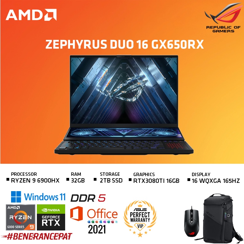 Jual ASUS ROG ZEPHYRUS DUO 16 GX650RX R98RM7TO RTX3080TI 16GB/ RYZEN 9 6900HX 32GB 2TBSSD W11+OHS 16.0 MINI LED WQXGA 165HZ - BLACK | Shopee Indonesia