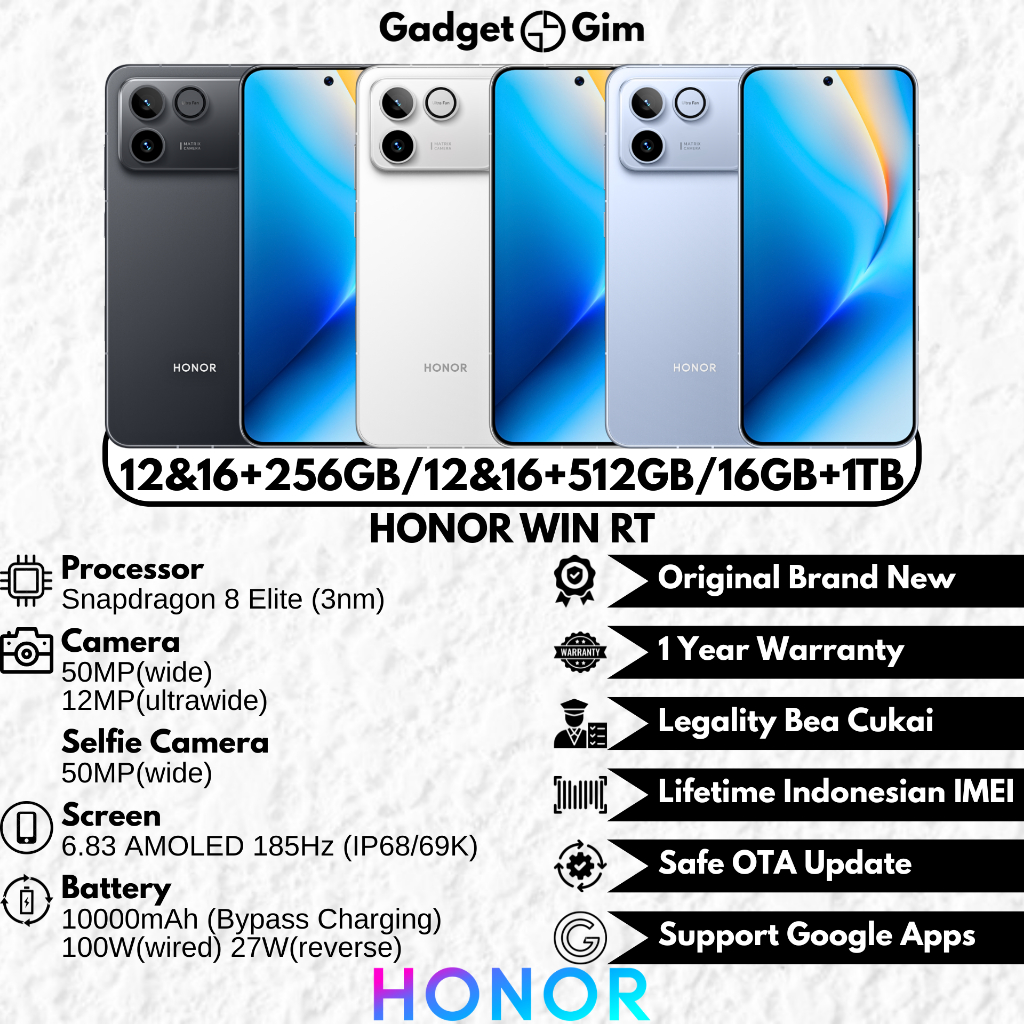 Jual Honor Win RT 5G 16GB 1TB Snapdragon 8 Elite 185Hz 10000mAh 100W IP68/69K BNIB Bergaransi Original | Shopee Indonesia