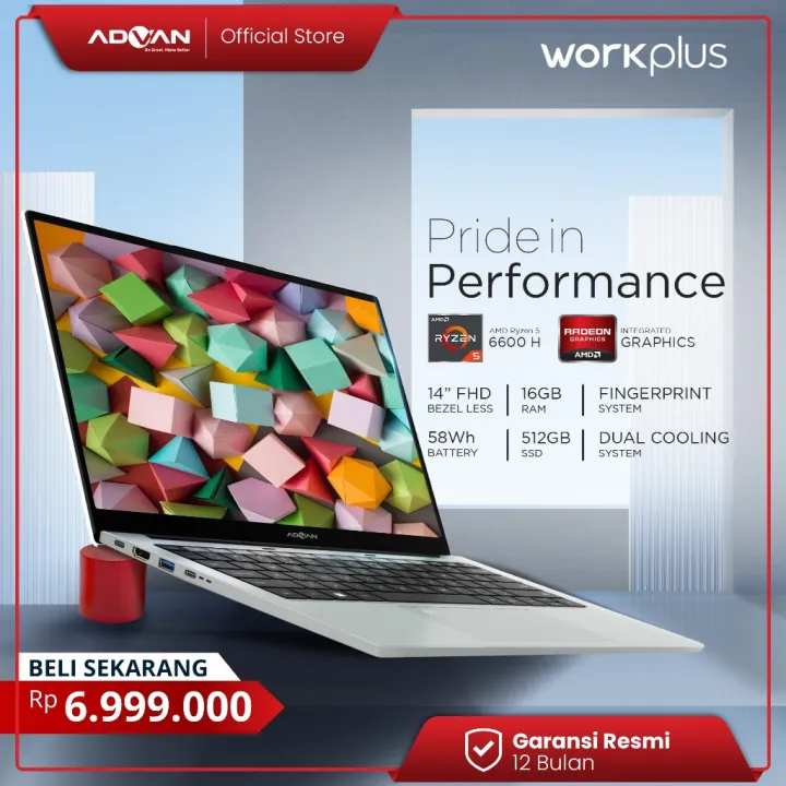 ADVAN Workplus Laptop FHD IPS 14" AMD Ryzen 5 6600H RAM 16GB / SSD 512GB