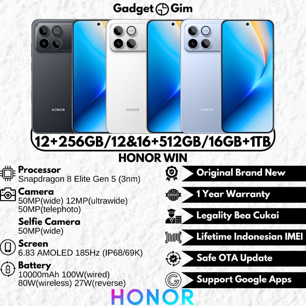 Jual Honor Win 5G 16GB 1TB Snapdragon 8 Elite Gen 5 185Hz 10000mAh 100W IP68/69K BNIB Bergaransi Original | Shopee Indonesia
