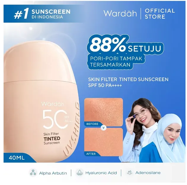 Wardah Tinted Sunscreen Skin Filter SPF 50 PA 30ml UV Shield - Strong UV Blue Light Protection Sheer Glow Finish Tidak Greasy