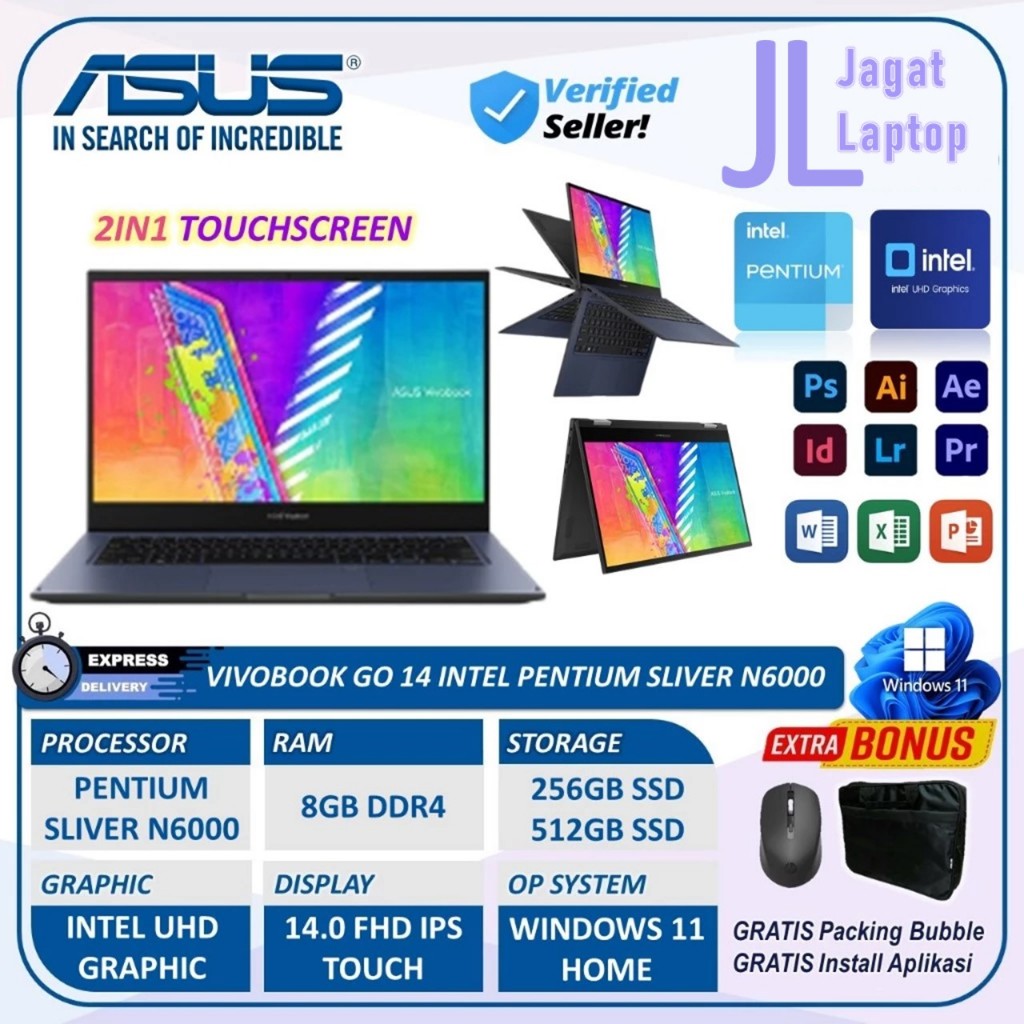 Jual Laptop Asus Vivobook Go 14 Flip TP1400KA Intel N6000 8GB Ram 1TB SSD 14.0" FHD IPS Touch | Shopee Indonesia