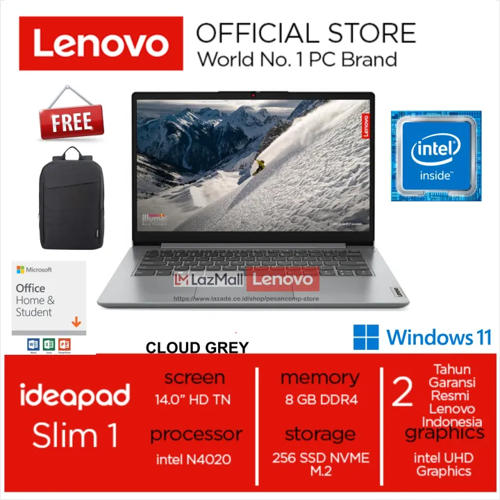 NEW Laptop Lenovo IdeaPad SLIM 1 4WID 14IGL7 INTEL N4020 8GB DDR4 SSD 256GB Integrated Graphics Win11 & OHS 2021 14 inch HD Garansi 2 Tahun Resmi Lenovo Indonesia