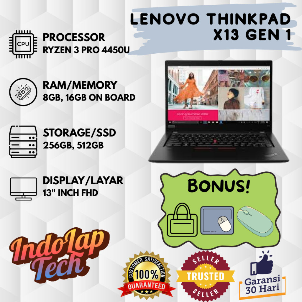 Jual Lenovo Thinkpad X13 Gen 1 AMD Ryzen 3 PRO 4450U Layar 13 inch FHD RAM 8GB SSD 256GB/512GB | Shopee Indonesia