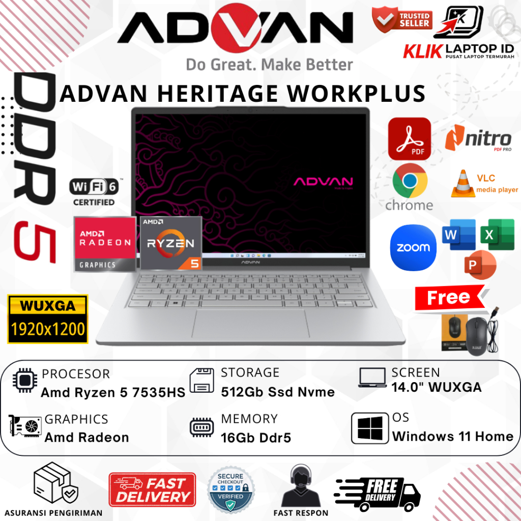 Jual Laptop Advan WorkPlus Heritage 14 Amd Ryzen 5 7534HS 16GB 512GB 14 Inch Wuxga Ips Win11Home Resmi | Shopee Indonesia