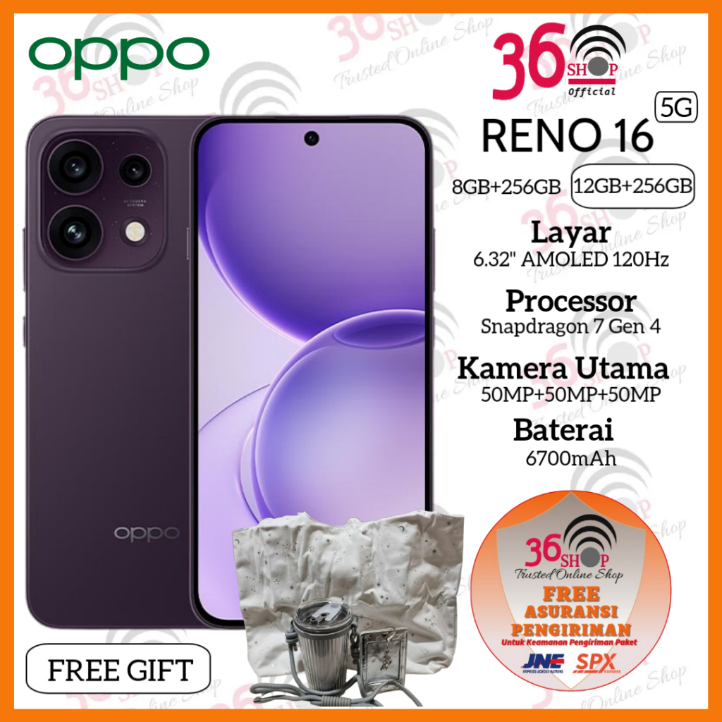 Jual Oppo Reno 16 5G [8GB+256GB] [12GB+256GB] Display Type AMOLED Size 6.32 inches - Qualcomm Snapdragon 7 Gen 4 - Camera 50MP - Battery 6700mAh - Garansi Resmi 1 Tahun | Shopee Indonesia