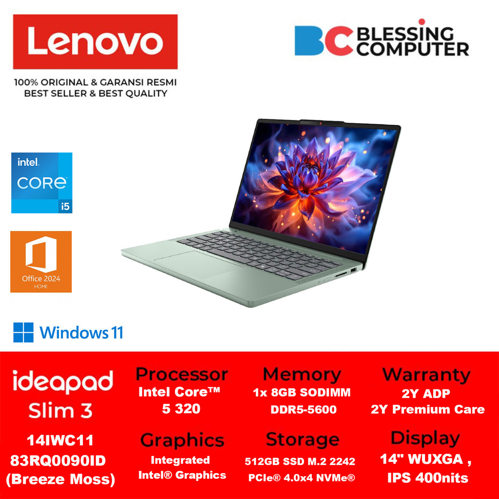 Jual LENOVO Ideapad Slim 3 14IWC11 83RQ0090ID Core 5 320 8GB 512GB W11 OHS 2024 M365 Breeze Moss | Shopee Indonesia