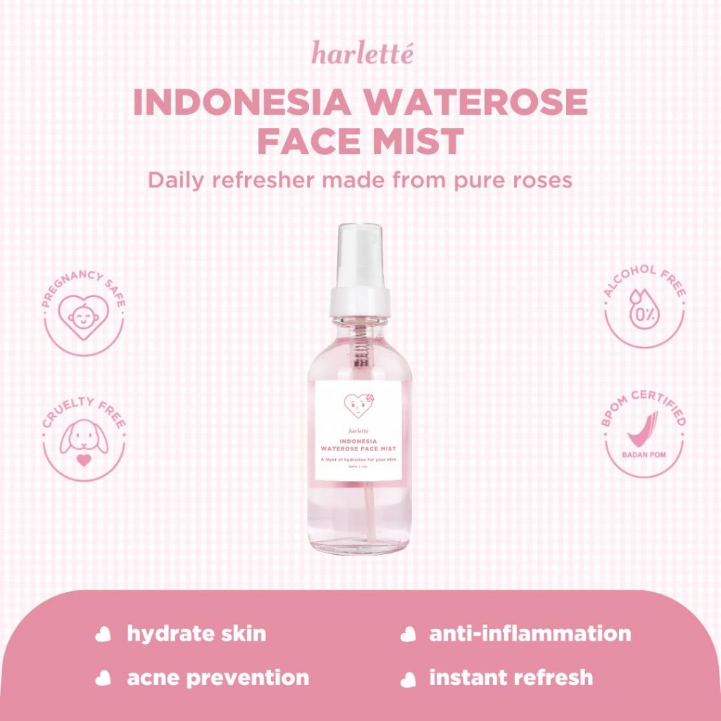 Jual Harlette Indonesia Waterose Face Mist | Dry, Dehydrated, Combination, Oily, Acne Prone Skin, Hydrating, Mawar | Shopee Indonesia