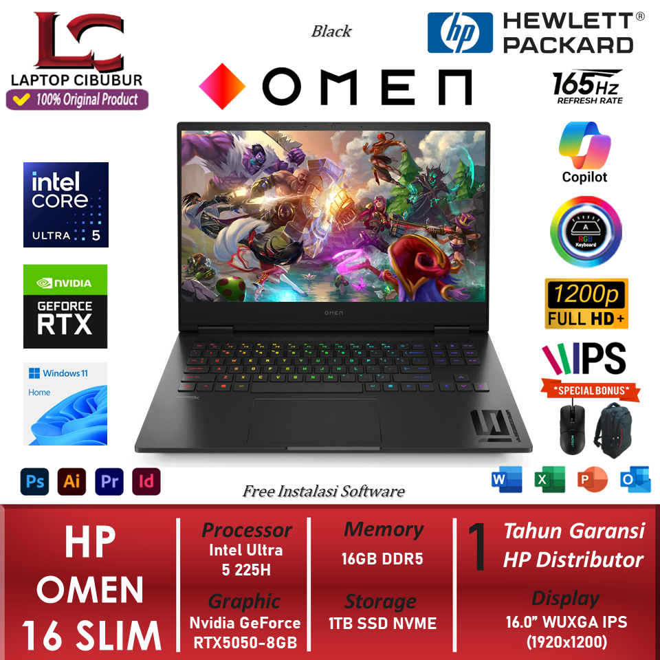 Jual Laptop HP OMEN 16 SLIM Intel Ultra 5 225H RTX5050 8GB RAM 16GB DDR5 1TB SSD WUXGA IPS Win11Home | Shopee Indonesia