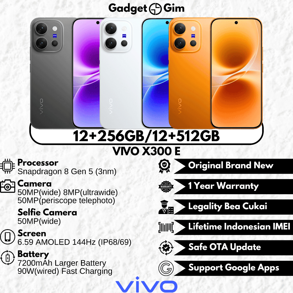 Jual Vivo X300 E / Vivo X300E 5G 12GB 512GB Snapdragon 8 Gen 5 50MP 144Hz 7200mAh 90W IP68/IP69 BNIB Bergaransi Original | Shopee Indonesia