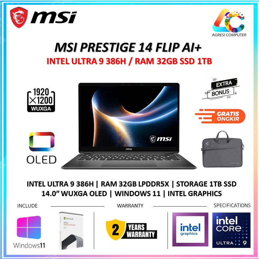 Jual Msi Prestige 14 Flip AI+ Intel Ultr 9 386H 32GB 1TB W11+OHS+M365 14.0 WUXGA OLED Touch PEN-D3MTG.014 | Shopee Indonesia
