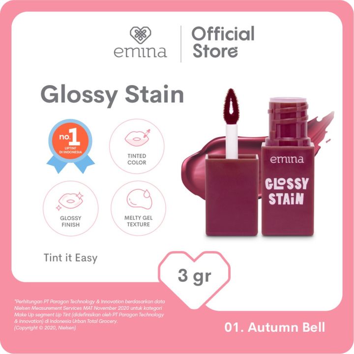Emina Glossy Stain 3g - Melty Gel Lip Tint Tahan Lama Transferproof Melembabkan Bibir Hasil Glowing Glass Lips Ringan Nyaman Warna Pigmented Natural Cocok untuk Daily Look & Korean Makeup