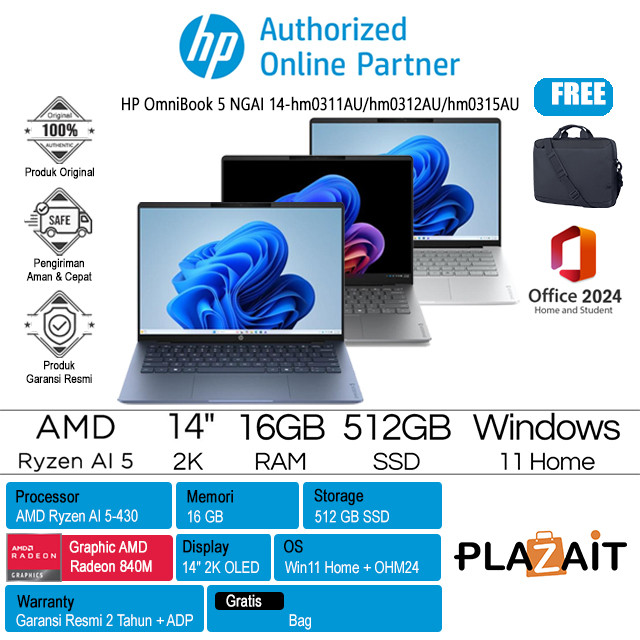 Jual Laptop HP OmniBook 5 NGAI 14-hm0311AU hm0312AU hm0315AU /AMD Ryzen AI 5-430/16GB/512GB SSD/AMD Radeon Graphics/14 2K OLED Touch/W11+OH24+M365/2Y | Shopee Indonesia