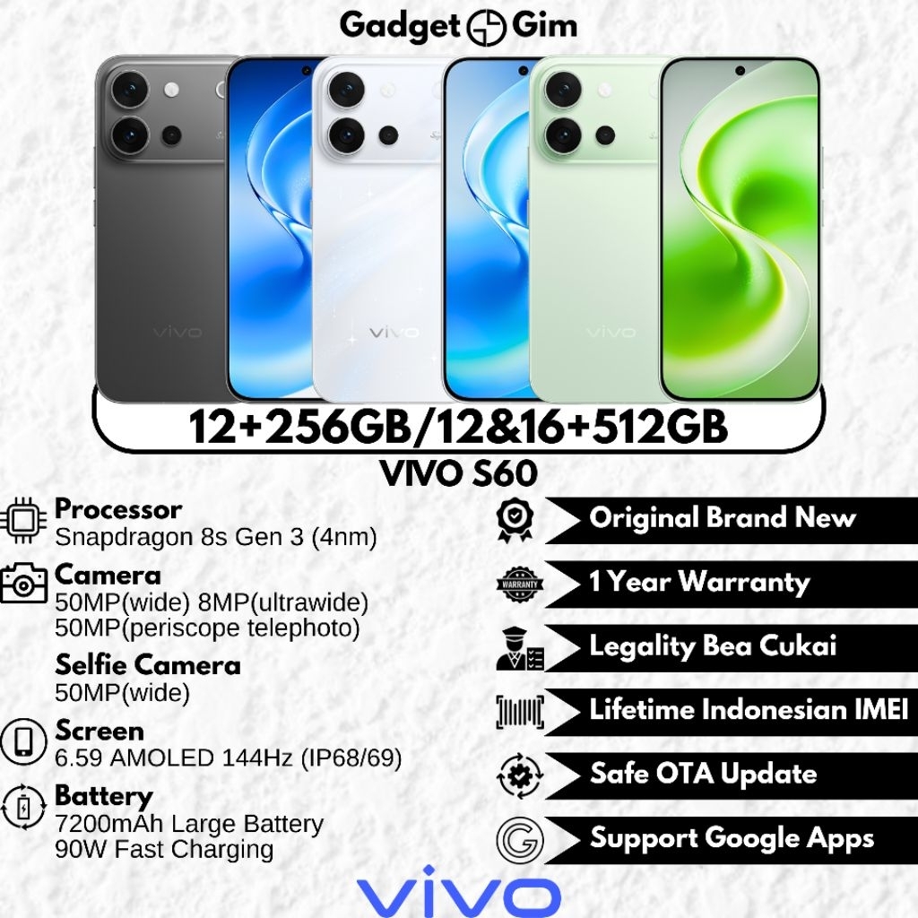 Jual Vivo S60 5G 16GB 512GB Snapdragon 8s Gen 3 50MP 144Hz 7200mAh 90W IP68/IP69 BNIB Bergaransi Original | Shopee Indonesia