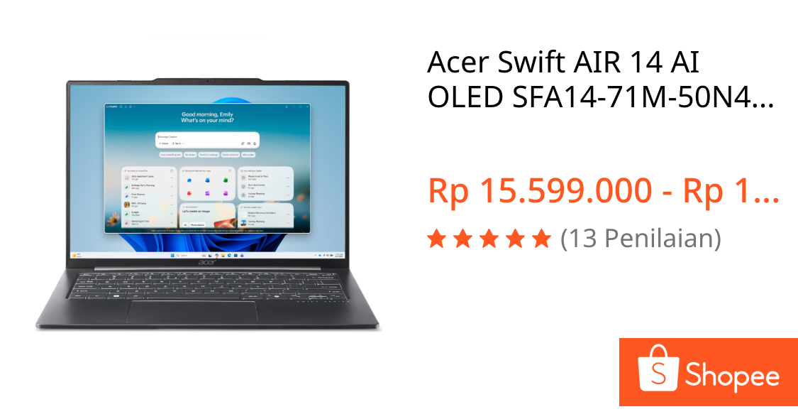 Jual Acer Swift AIR 14 AI OLED SFA14-71M-50N4 Intel Ultra 5 125H 16GB 512GB Windows 11+Office 14.0 WUXGA 1KG | Shopee Indonesia