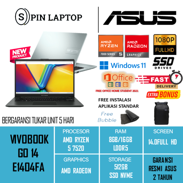 Laptop Asus vivobook GO 14 E1404FA Ryzen 5 7520 ram 16gb 512gb ssd Windows 11 ohs 14.0FHD | Lazada Indonesia