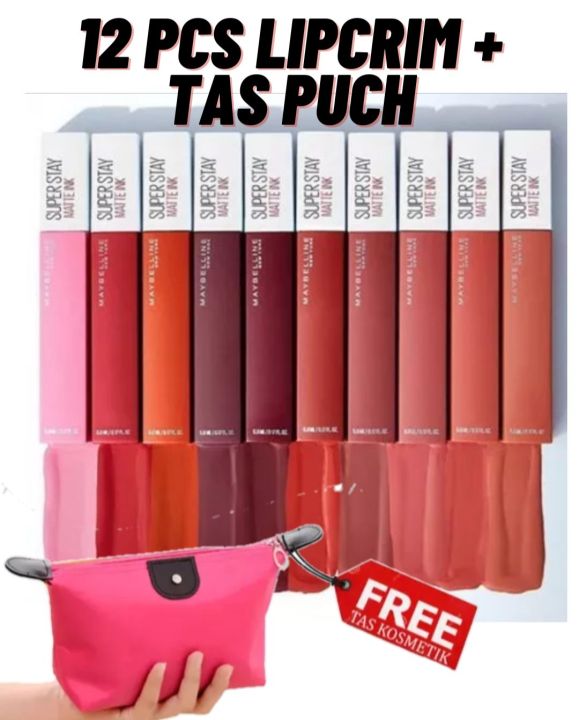 (12 PCS) Maybelline Superstay Matte Ink Liquid Matte Lipstick Make Up - 5ml (Lipstik Matte Tahan Lama Hingga 16 Jam) Free Tas / Lipglos Maybelline Murah
