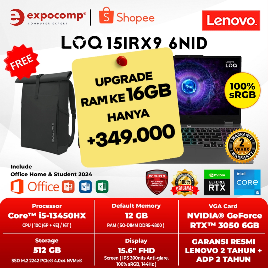 Jual LENOVO LOQ GAMING 15IRX9 A8ID/ 6NID INTEL CORE i5-13450HX 12GB 512GB RTX3050 6GB WIN11+OH 2024 | Shopee Indonesia