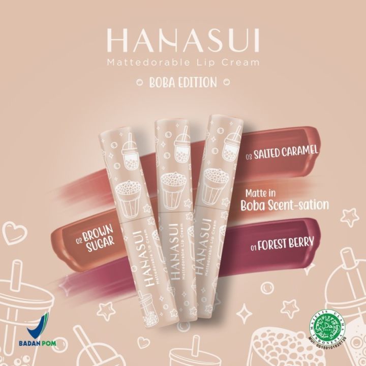 PAKET HEMAT Hanasui Mattedorable Lip Cream Lipstick Boba Edition 3 Warna KOMPLIT (01 Forrest Berry + 02 Brown Sugar + 03 Salted Caramel)