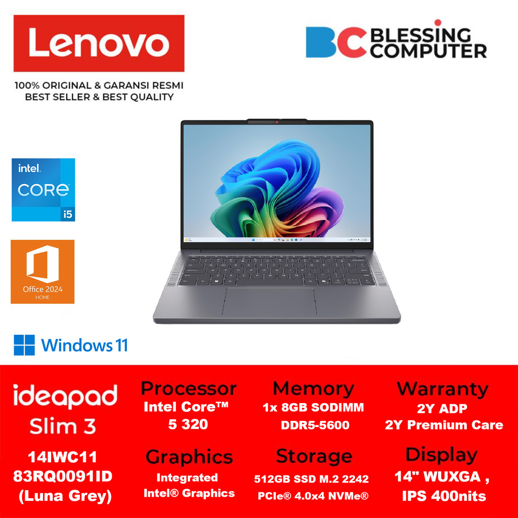 Jual LENOVO Ideapad Slim 3 14IWC11 83RQ0091ID Core 5 320 8GB 512GB W11 OHS 2024 M365 Luna Grey | Shopee Indonesia