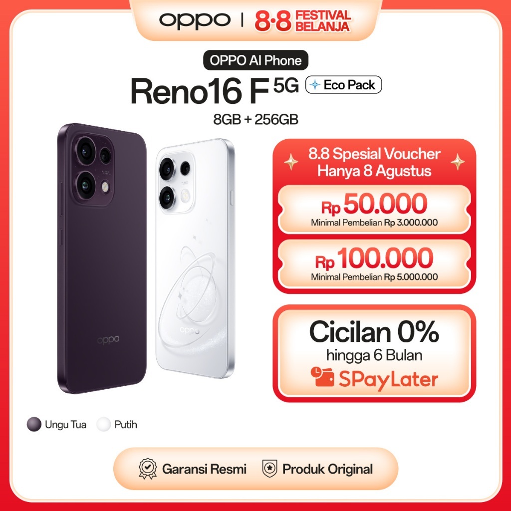 Jual [BARU] OPPO Reno16 F 5G Eco Pack 8GB+256GB [3D Pop Planet Design, AI Remix Collage, 50MP Ultra-wide Selfie Camera] | Shopee Indonesia