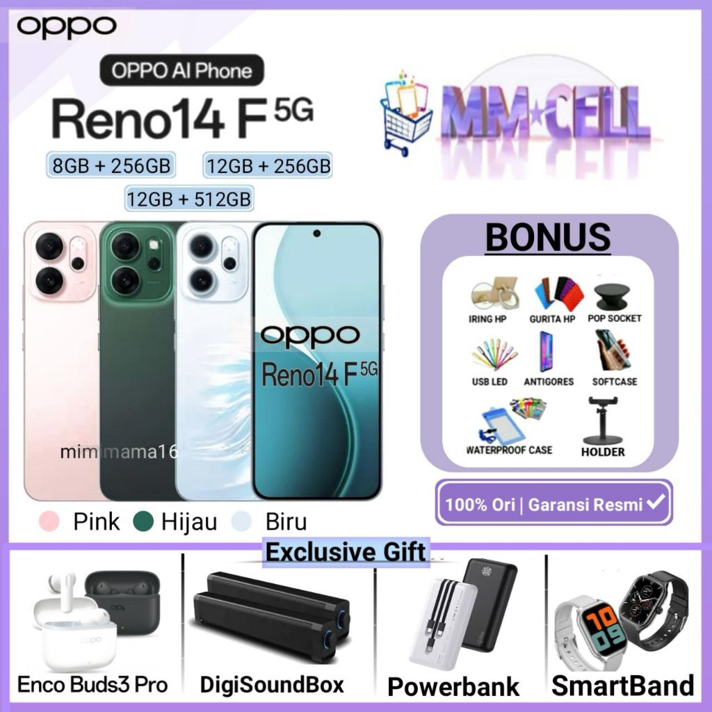 Jual OPPO RENO 14F 5G RAM 12/512 GB | RENO 14F 5G 12/256 GB | RENO 14 F 5G RAM 8/256 GB GARANSI RESMI OPPO INDONESIA | Shopee Indonesia