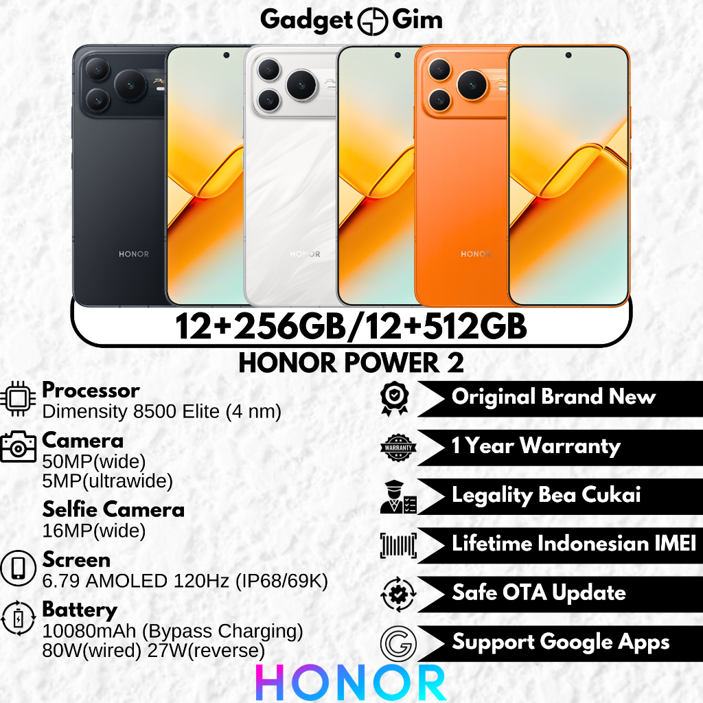 Jual Honor Power 2 5G 12GB 512GB Dimensity 8500 Elite 120Hz 10080mAh 80W IP68/69K BNIB Garansi Original | Shopee Indonesia