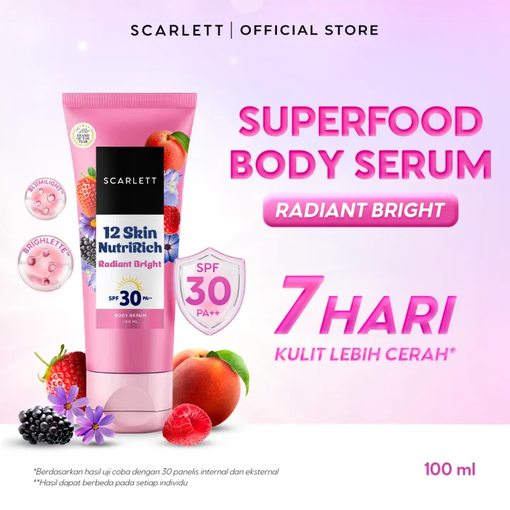 [NEW] SCARLETT Superfood Body Serum SPF 30 PA++ Radiant Bright | Mencerahkan Kulit Kusam Badan Glowing Menutrisi Melindungi dari UV Matahari dan Paparan Blue Light Hand Body Moisturizer - 12 Superfood, Brighlette™ Marine, Blumilight™ | Lazada Indonesia