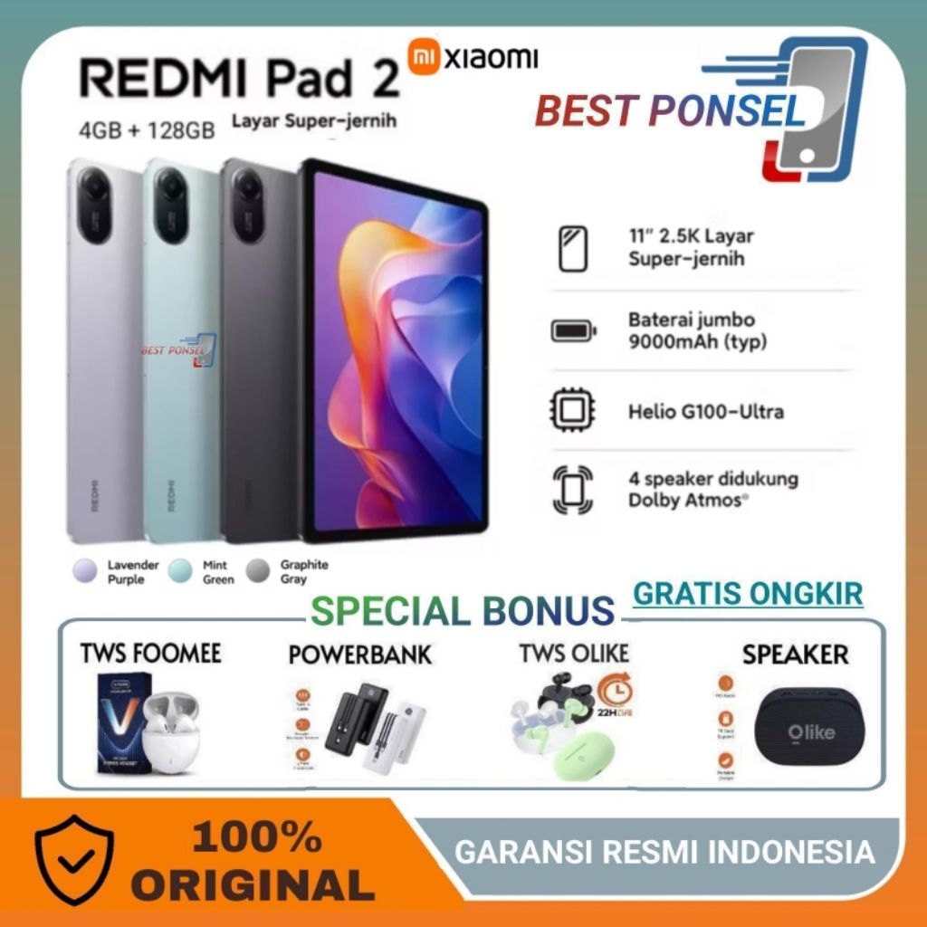 Jual Xiaomi Redmi Pad 2 Ram 4GB+128GB | 11" 2,5 Layar Super jernih | Baterai Jumbo 9000mAh Garansi Resmi Indonesia | Shopee Indonesia