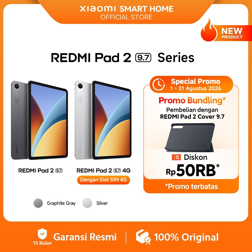 Jual REDMI Pad 2 9.7 | REDMI Pad 2 9.7 4G | (4GB/64GB) (4GB/128GB) | 9.7" 2K 120Hzz layar super-jernih | Baterai besar 7600mAh (typ) | Snapdragon 6s 4G Gen 2 dengan 4G* | Ditenagai Xiaomi HyperOS | Tablet Android | Tablet SIM Card [Xiaomi Official Store]
