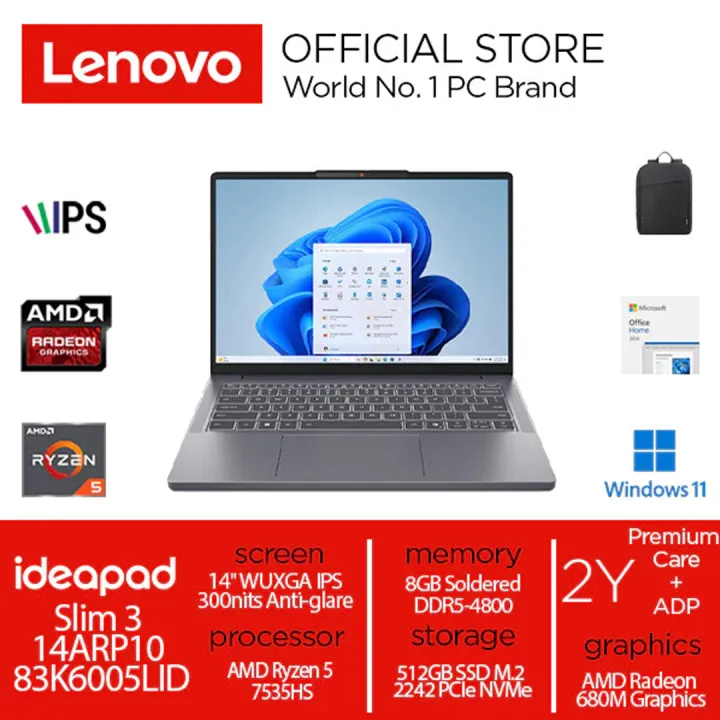 Laptop Lenovo IdeaPad Slim 3 14ARP10 Ryzen 5-7535HS 512GB SSD 8GB 14″ WUXGA IPS W11+OH2024 | Lazada Indonesia