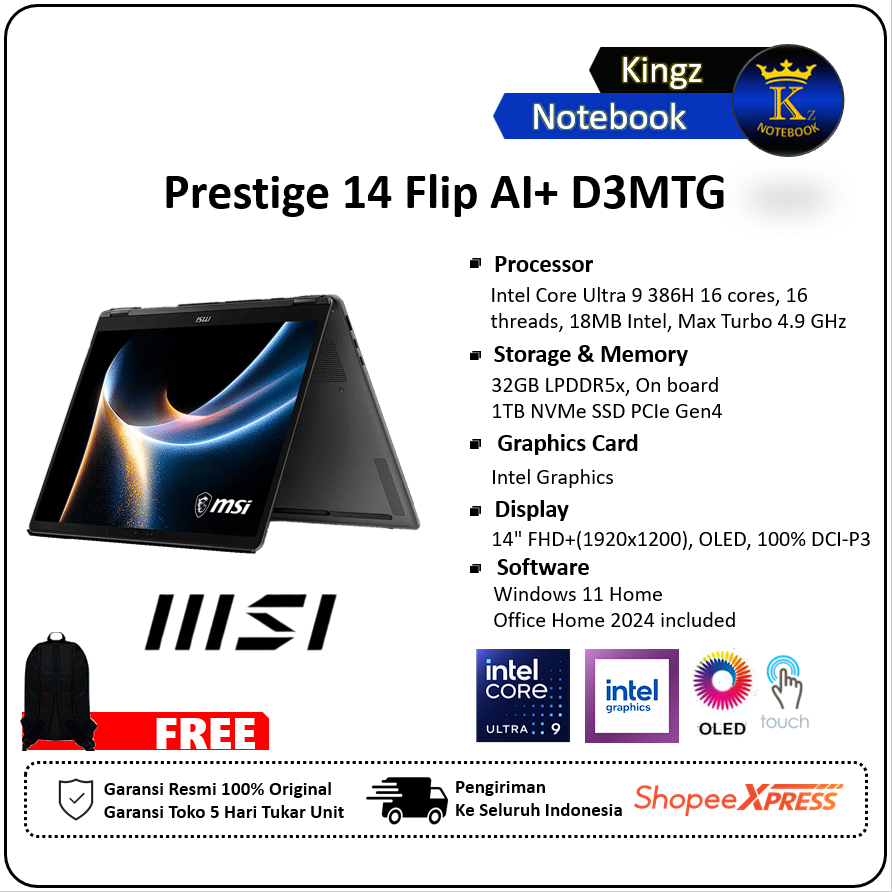 Jual MSi Prestige 14 Flip AI+ Ultra 9 386H 32GB 1TB SSD Win11+Office 2024 14" FHD+ OLED Touch | Shopee Indonesia
