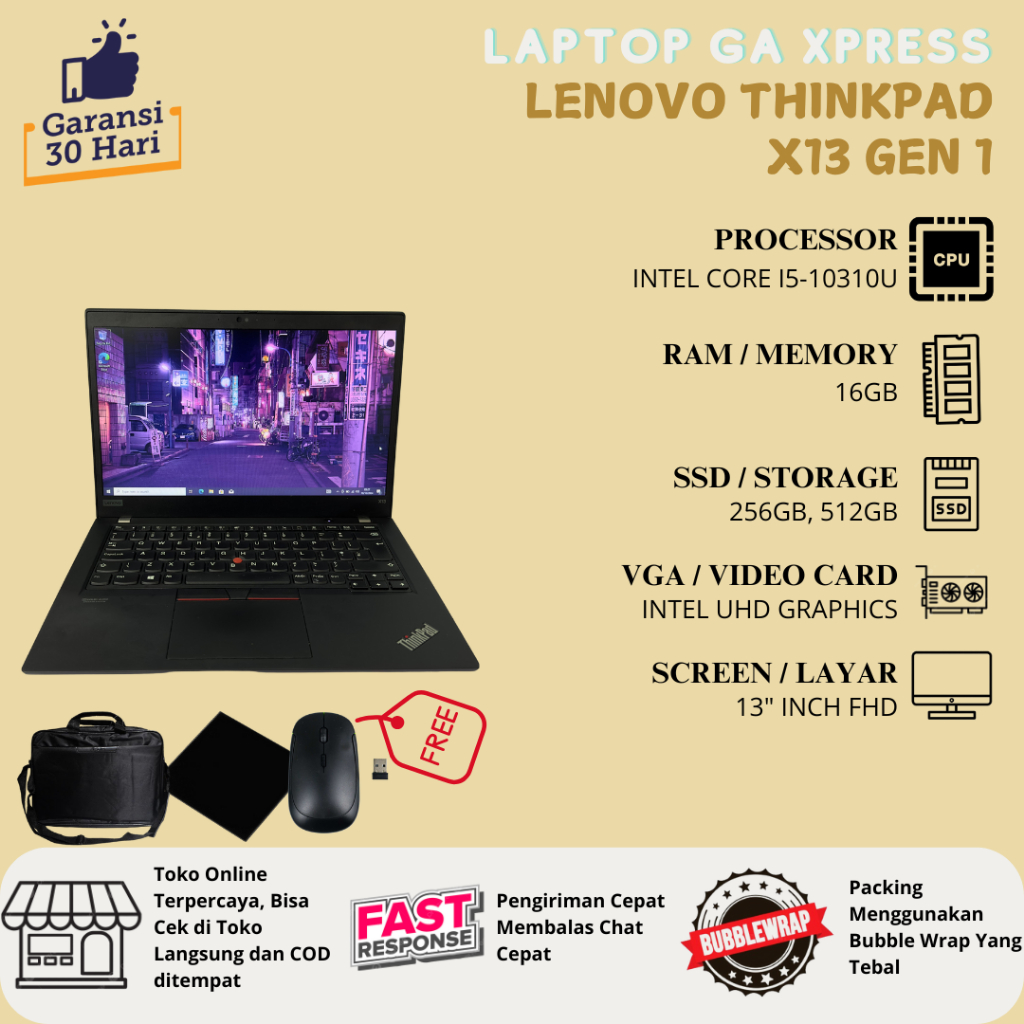 Jual Lenovo Thinkpad X13 Gen 1 Intel Core i5 Gen 10 Layar 13" Inch FHD/FHD TS - RAM 8GB, 16GB SSD 256GB, 512GB | Shopee Indonesia