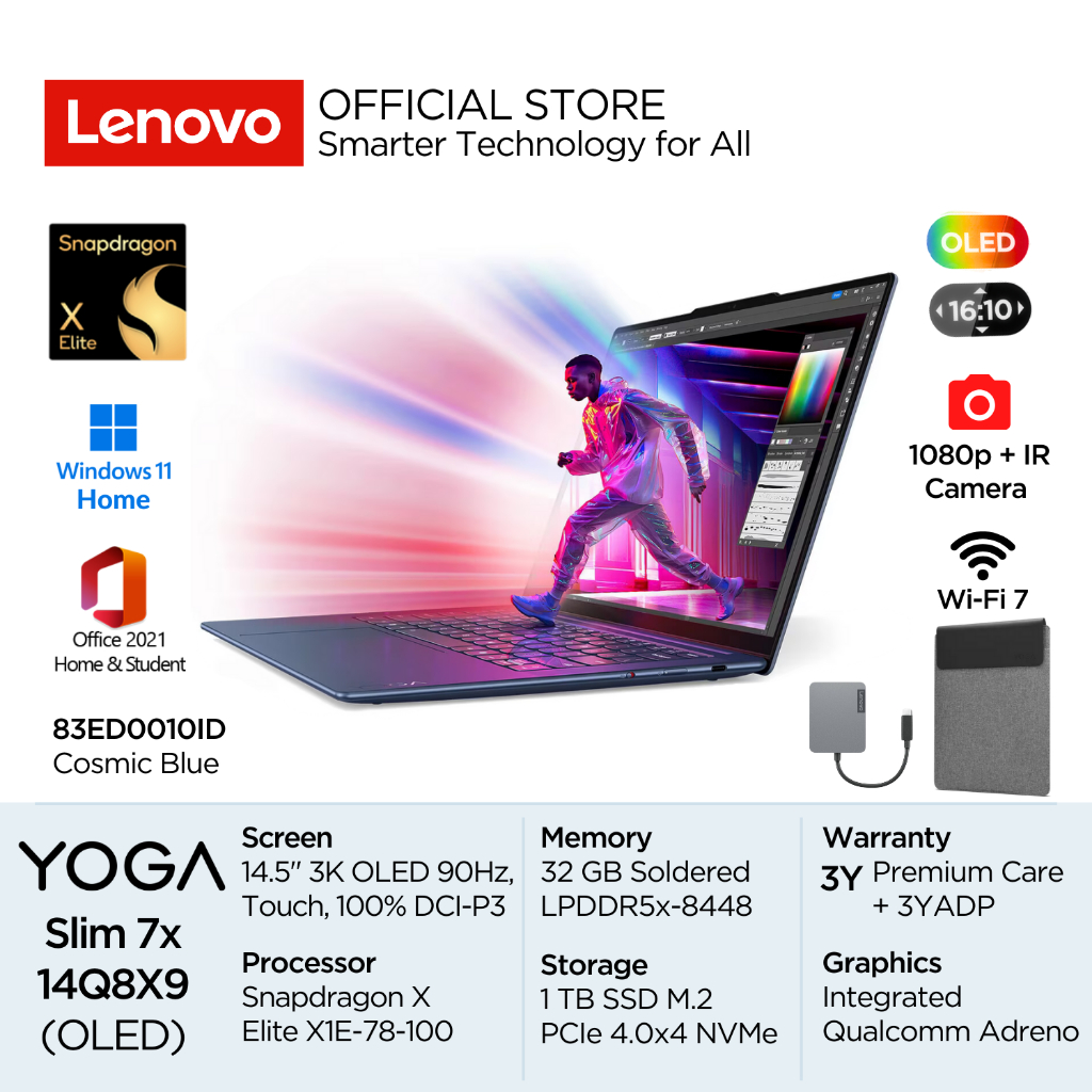Jual Lenovo Yoga Slim 7x 14Q8X9 10ID Snapdragon X Elite X1E-78-100 Win11 32GB 1TB SSD 14.5" 3K OLED Touch 500nits 90Hz 100% DCI-P3 Integrated Qualcomm Adreno Backlit 1080p IR Mil-Spec WiFi7 OHS Laptop Touchscreen 14inch Tipis 83ED0010ID Blue Windows Offic