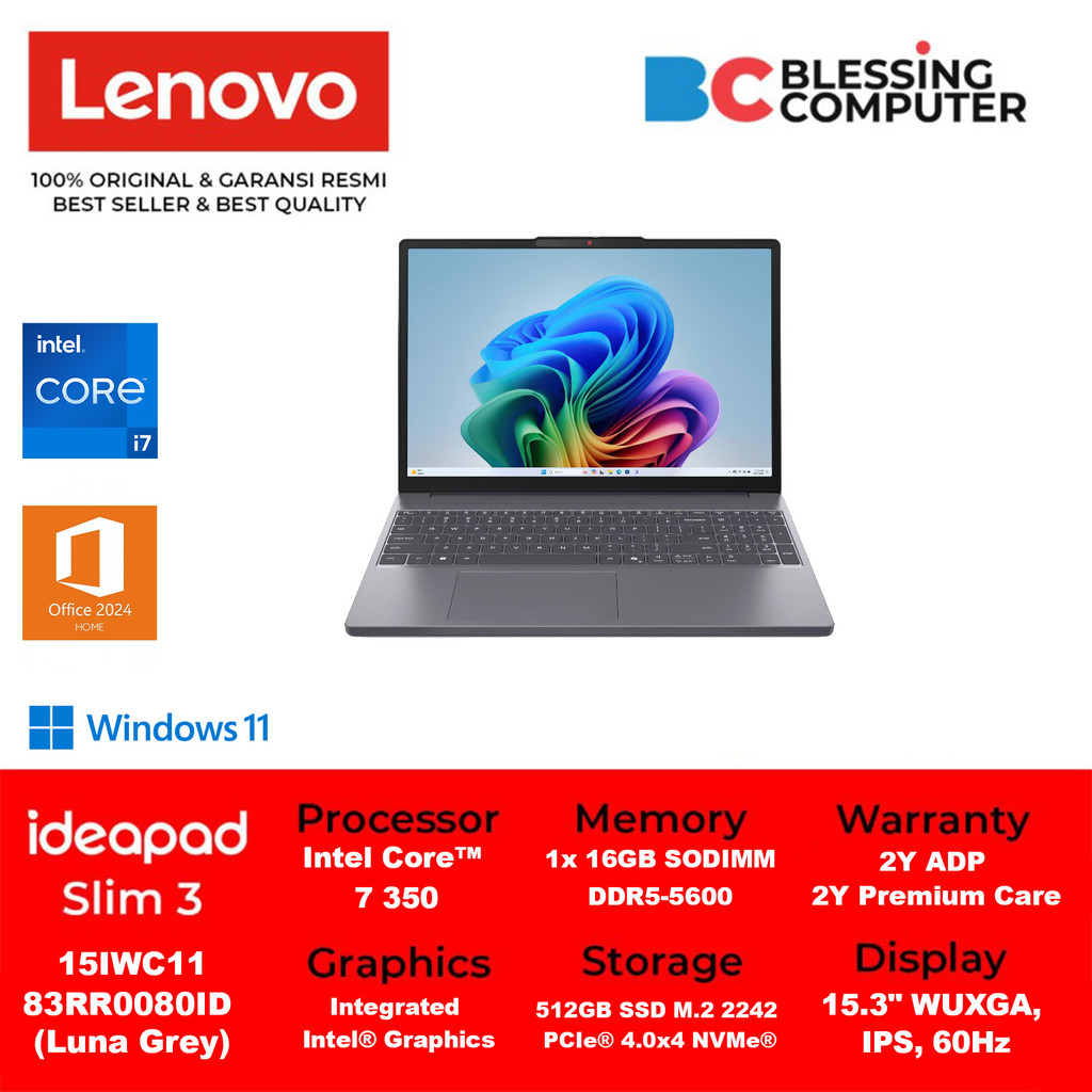 Jual LENOVO Ideapad Slim 3 15IWC11-83RR0080ID Core 7 350 16GB 512GB W11 OHS 2024 M365 Luna Grey | Shopee Indonesia