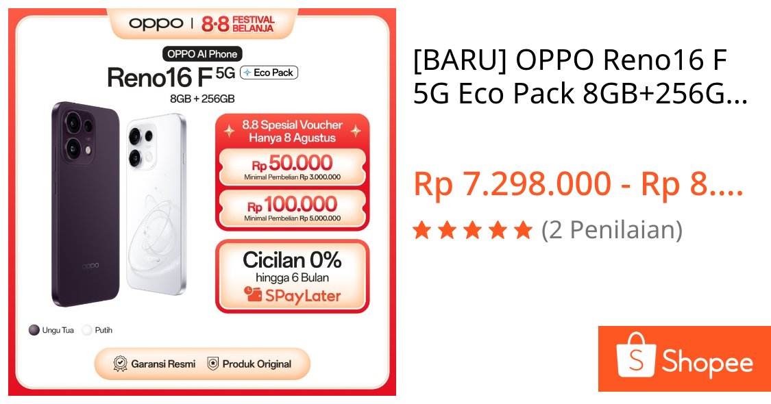 Jual [BARU] OPPO Reno16 F 5G Eco Pack 8GB+256GB [3D Pop Planet Design, AI Remix Collage, 50MP Ultra-wide Selfie Camera] | Shopee Indonesia