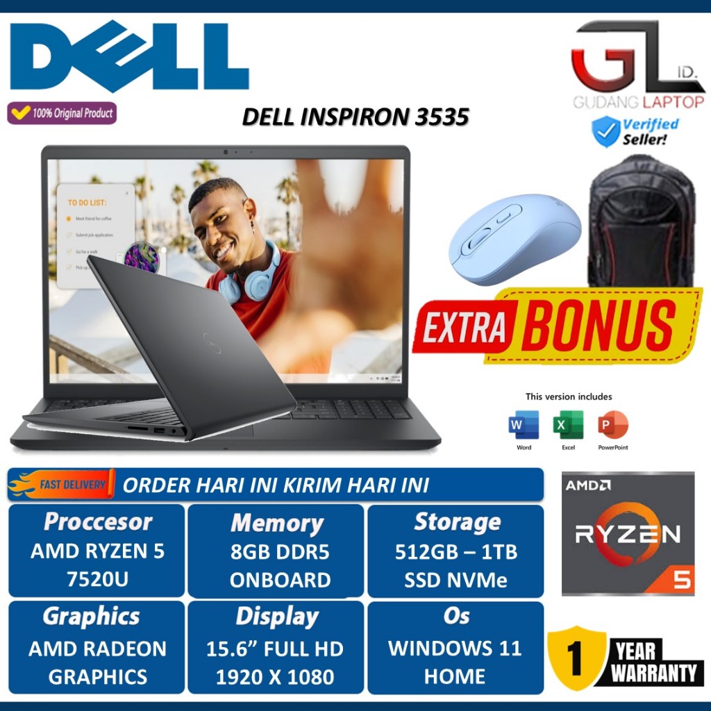 Jual Laptop Dell Inspiron 15 3535 Amd Ryzen 5 7520U 8GB 1TB 15 Inch Full Hd Ips 120Hz Black | Shopee Indonesia