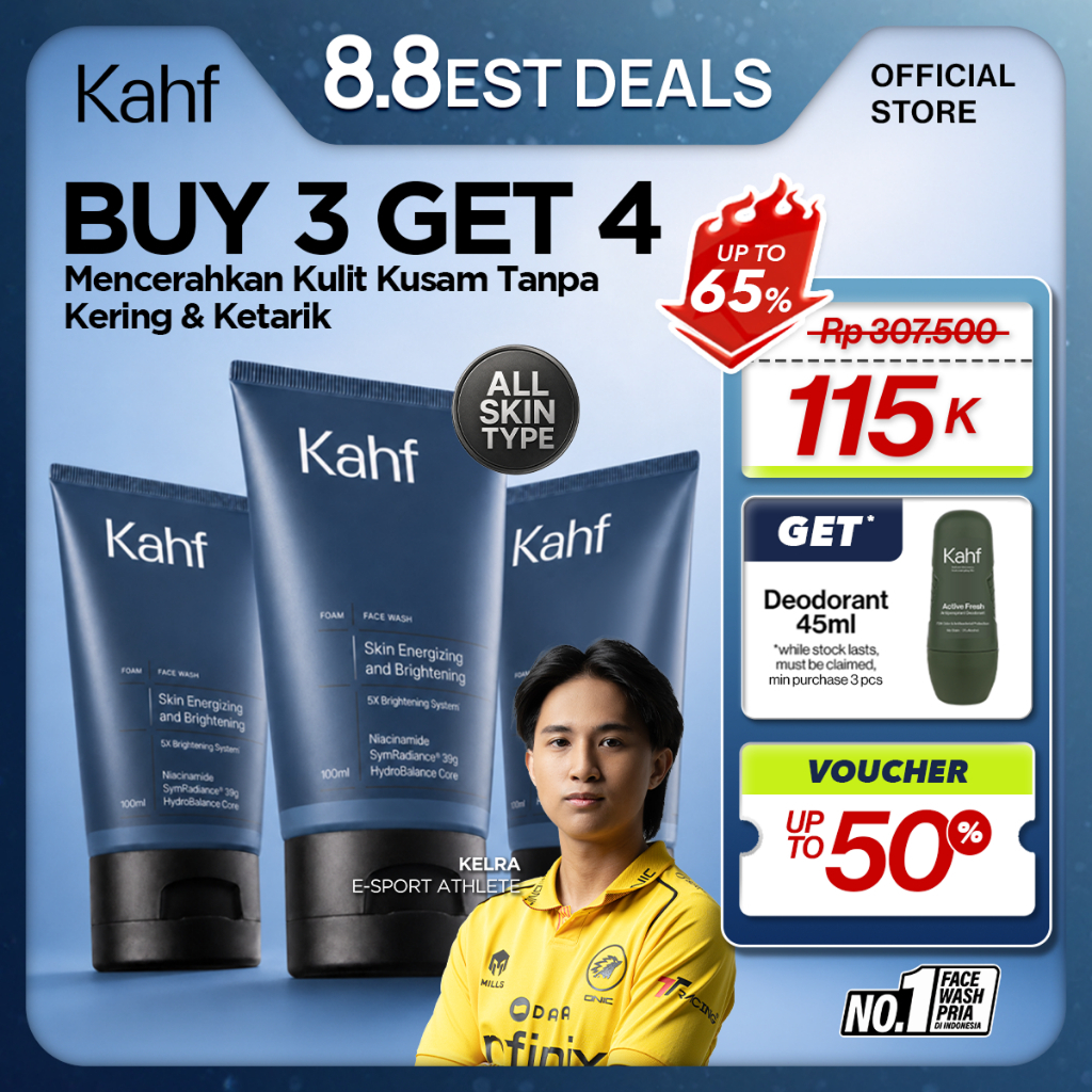 Jual [KLIK 3X, HARGA 37K/PCS] Kahf Skin Energizing and Brightening Foam Facial Wash Amino Gel 100ml - Sabun Cuci Muka Pria Gentle Cleanser Low pH Beneran Kerasa Bersih, Bebas Drama Muka Ketarik, Wajah Cerah, 5x Brightening System, Niacinamide, Symradiance