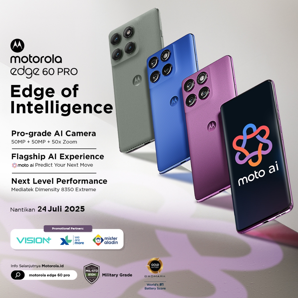 Jual Motorola Edge 60 Pro 5G 12/256GB - 19 Moto AI - MTK Dimensity 8350 Extreme - 6.7" pOLED HDR10+ - Pantone Curated Color - 50MP Main Camera Lytia 700C - 50MP Selfie - 6000mAh - NFC - Dolby Atmos Stereo - Bonus Charger 90W & Hard Case | Shopee Indonesia