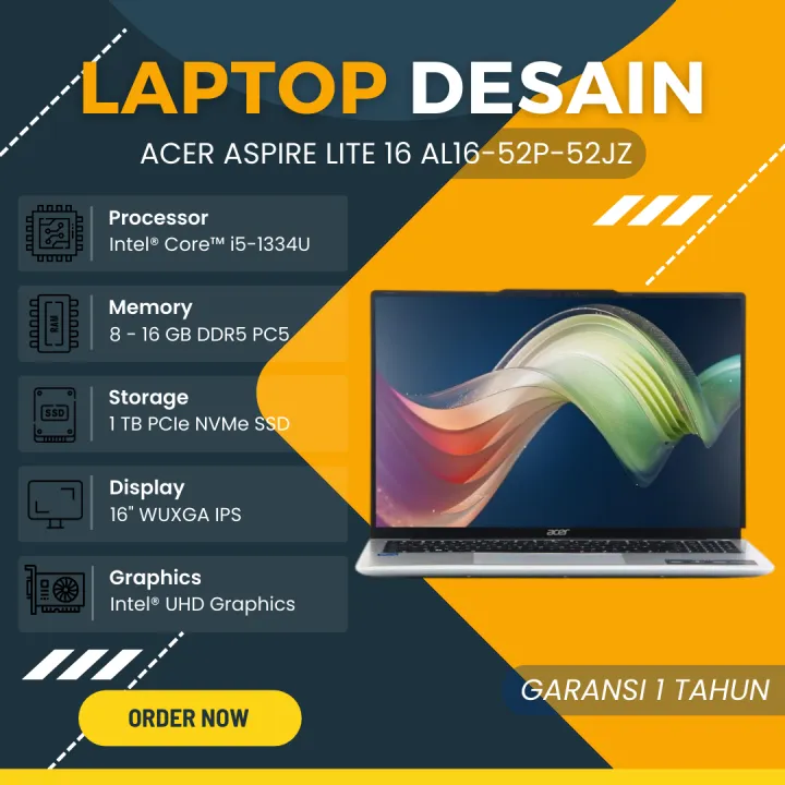 Laptop Desain 16" Acer - Core I5-1334U - RAM 16GB DDR5 - 1TB SSD - 16" WUXGA IPS - Silver - Garansi 1 Tahun - Acer Aspire Lite 16 AL16-52P-52JZ