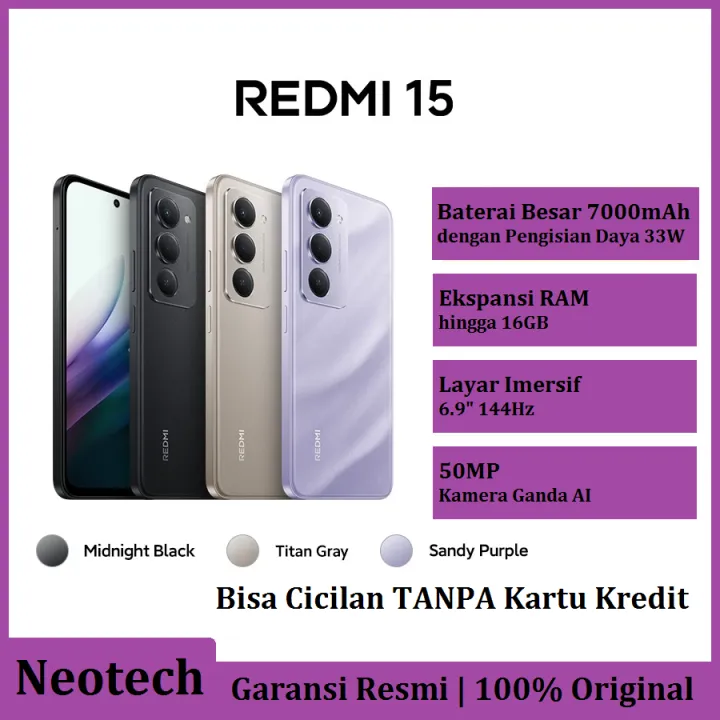 Xiaomi Redmi 15 (8GB/128G) Garansi Resmi - Baterai besar 7000mAh Layar imersif 6.9" 144Hz 50MP kamera ganda AI - Bisa Cicilan Tanpa Kartu Kredit - HP Murah ( Kredivo Laz Pay Later Bisa COD OVO Original )