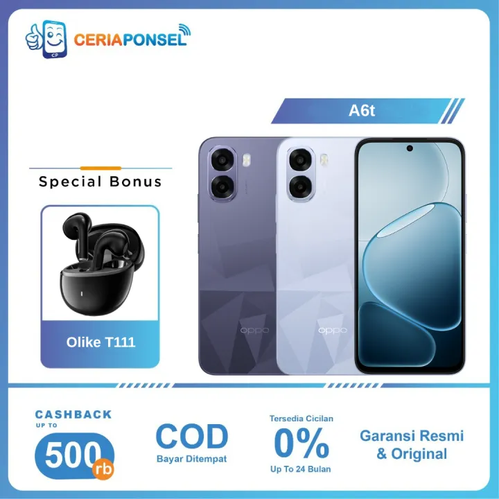 OPPO A6t 4/64GB, 4/128GB, & 6/128GB Mediatek Dimensity 6300 50MP 6500mAh 45W | Garansi Resmi OPPO Indonesia 1 Tahun | Lazada Indonesia