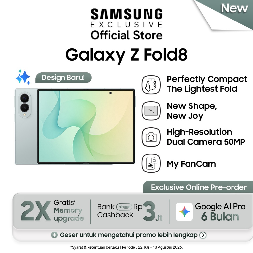 Jual [Upgrade dari 256GB] Samsung Galaxy Z Fold8 [12GB/512GB] - Pistachio (Online Exclusive) | Hp AI | Desain Terbaru | Shopee Indonesia