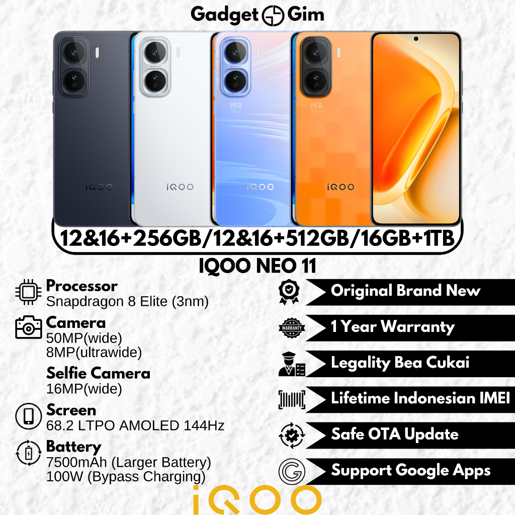 Jual IQOO Neo 11 / IQOO Neo11 5G 16GB 1TB Snapdragon 8 Elite 144Hz 7500mAh 100W IP68/69 BNIB Garansi ORI | Shopee Indonesia
