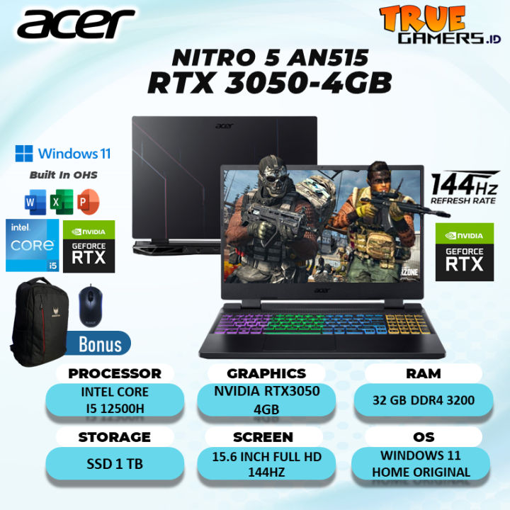 Laptop Gaming Acer Nitro 5 AN515 i5 12500H RTX3050 RAM 32G 1TBssd 15.6 FULL HD 144HZ