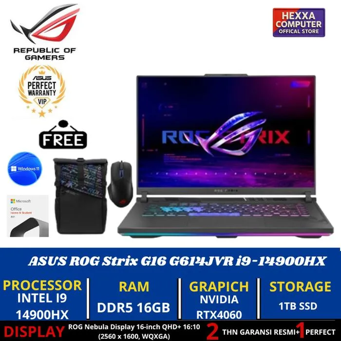 PROMO DISKON LAPTOP ASUS ROG Strix G16 G614JVR i9-14900HX 1T RTX4060 16"QHD+ 240Hz W11 OHS - 16GB | Lazada Indonesia