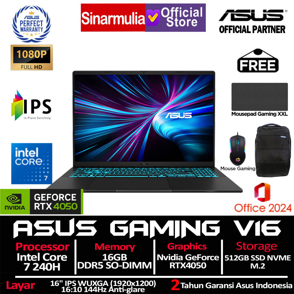 Jual ASUS Gaming V16 V3607VU Core 7 240H RTX4050 512GB SSD 16GB WUXGA 144Hz Win11+OHS | Shopee Indonesia
